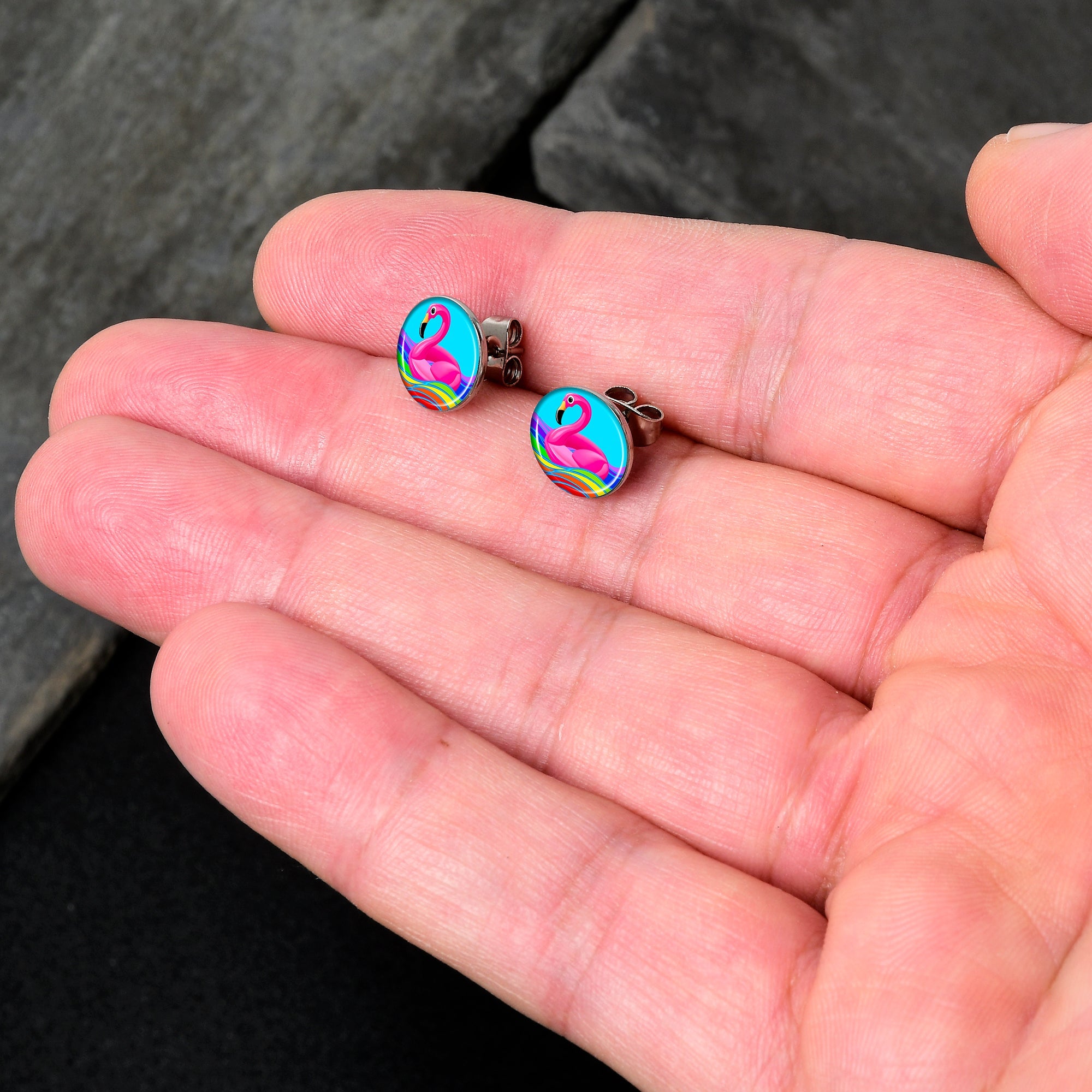Rainbow Sea Floating Flamingo Stud Earrings by Onyx O