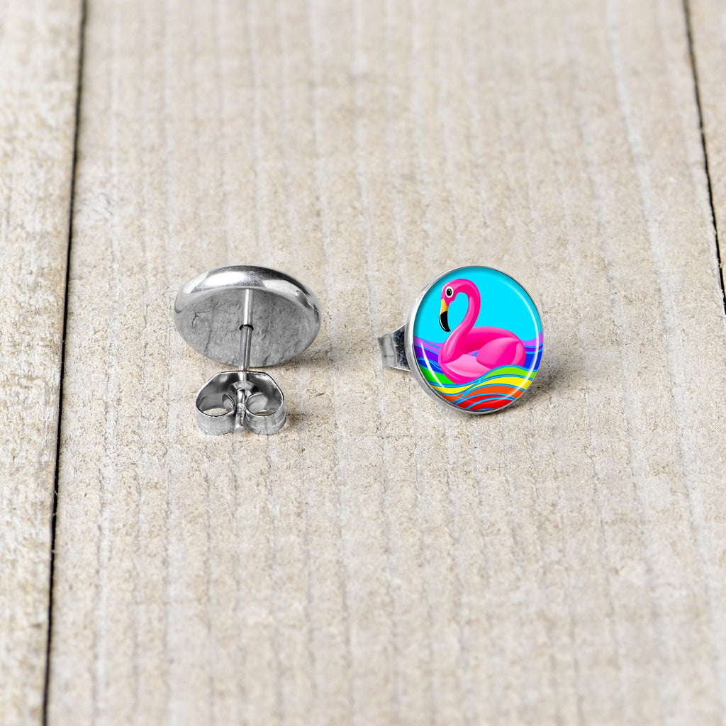 Rainbow Sea Floating Flamingo Stud Earrings by Onyx O