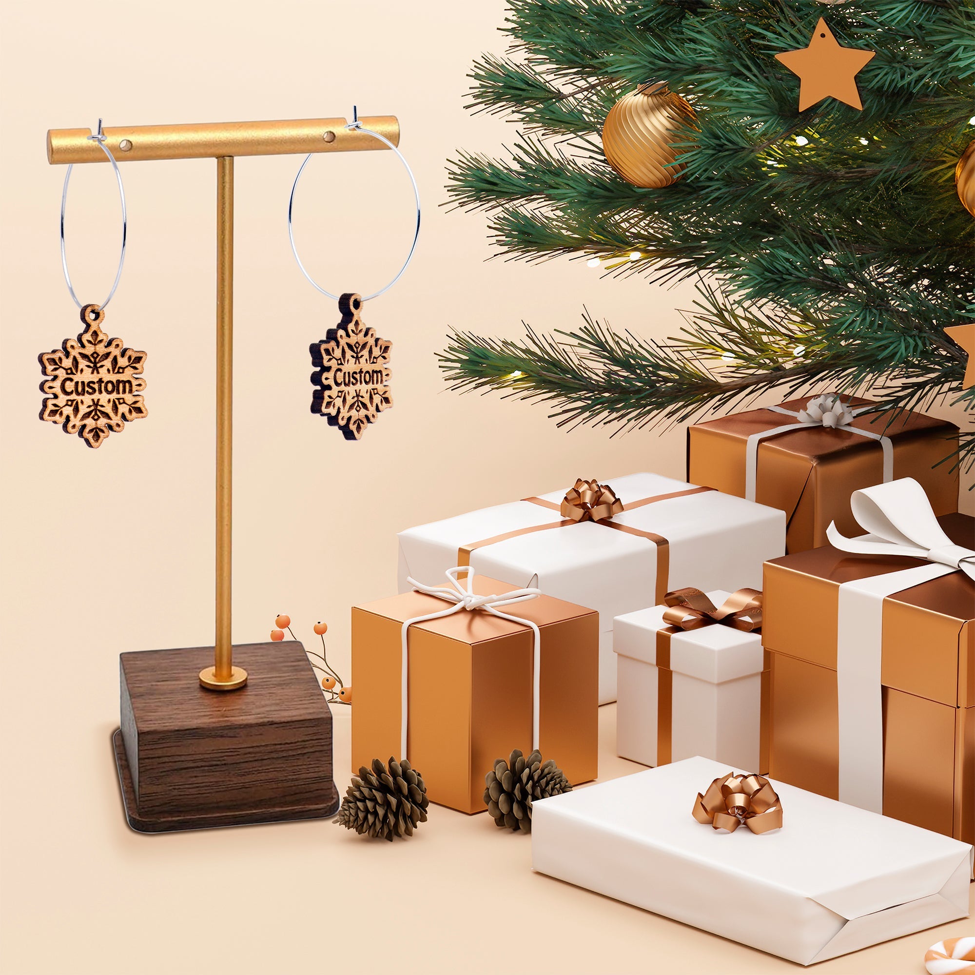 Custom Natural Wood Snowflake Personalized Hoop Earrings