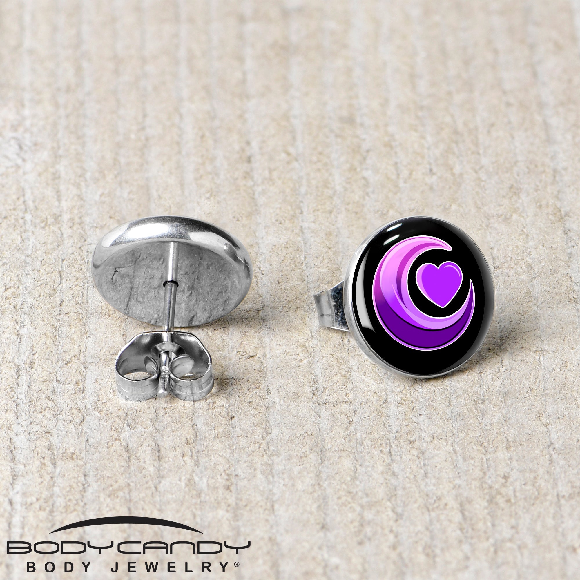 Crescent Moon Heart Stud Earrings by Onyx O