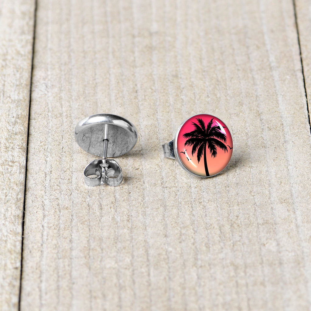 Red Sunset Palm Tree Stud Earrings by Onyx O