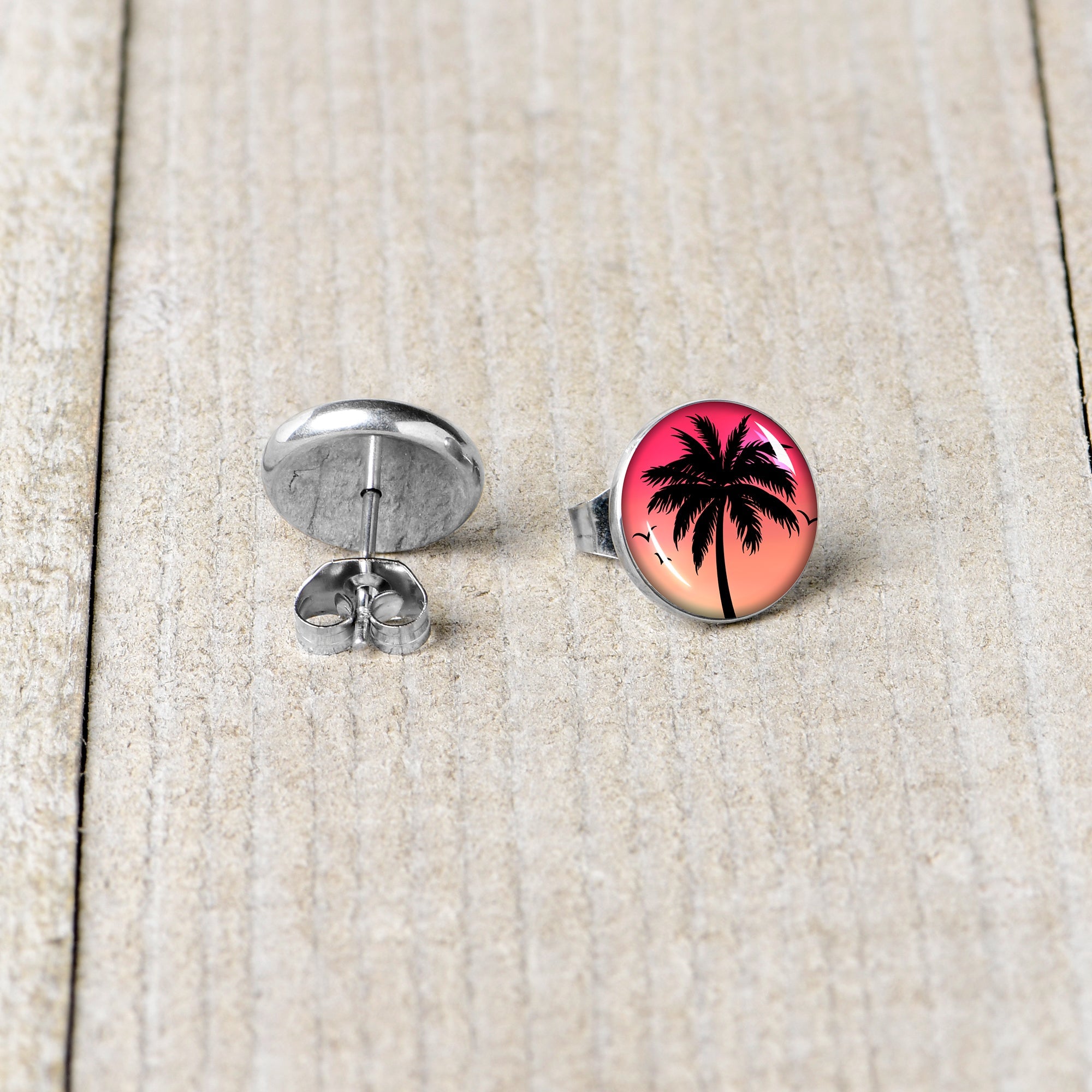Red Sunset Palm Tree Stud Earrings by Onyx O