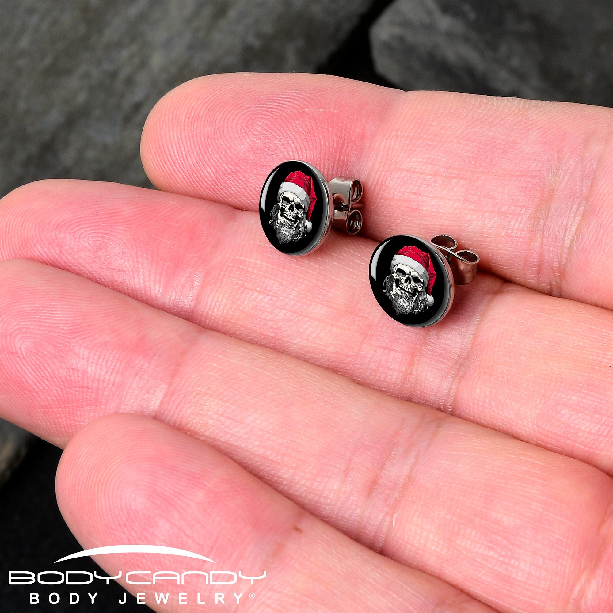 Holiday Skeleton Santa Claus Stud Earrings by Onyx O