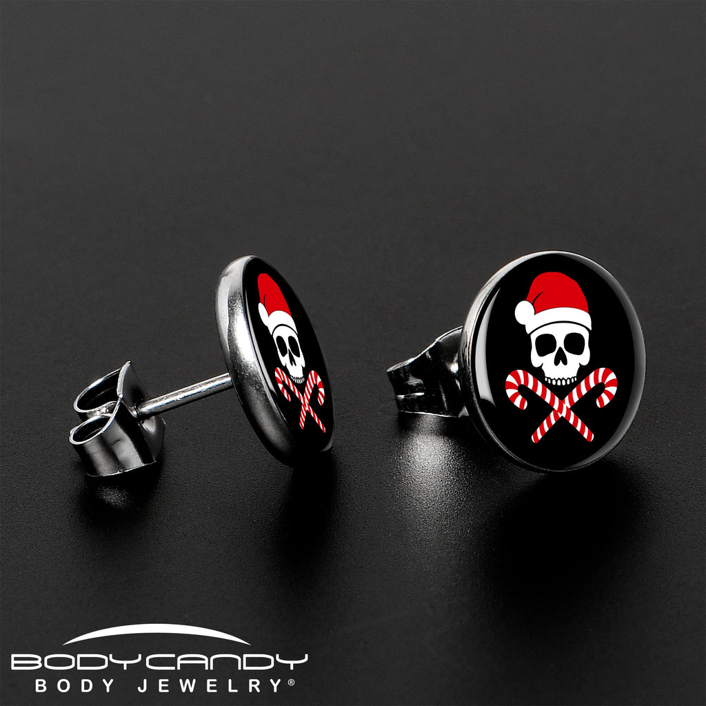 Santa Pirate Candy Cane Skull Stud Earrings by Onyx O