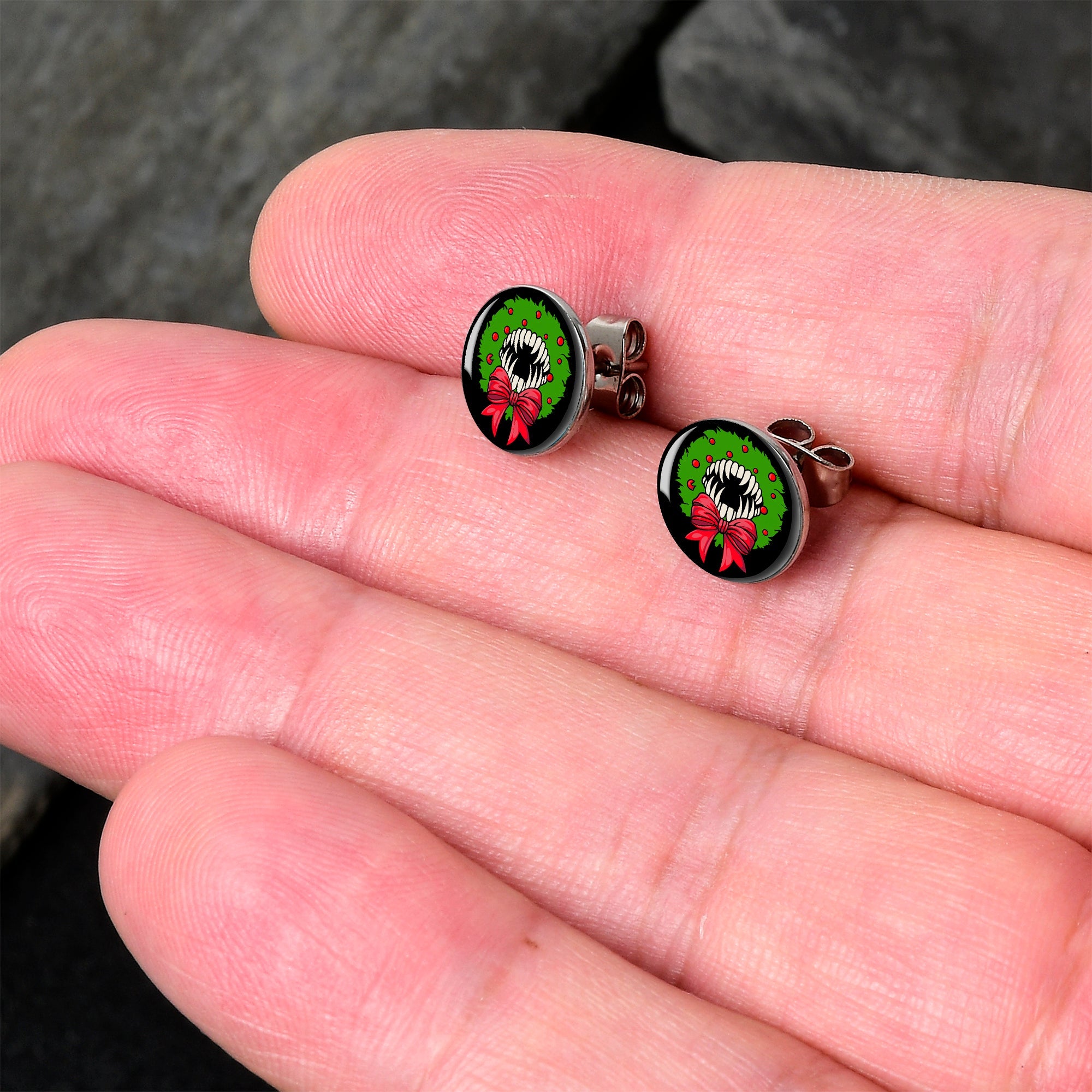 Holiday Vampire Wreath Stud Earrings by Onyx O