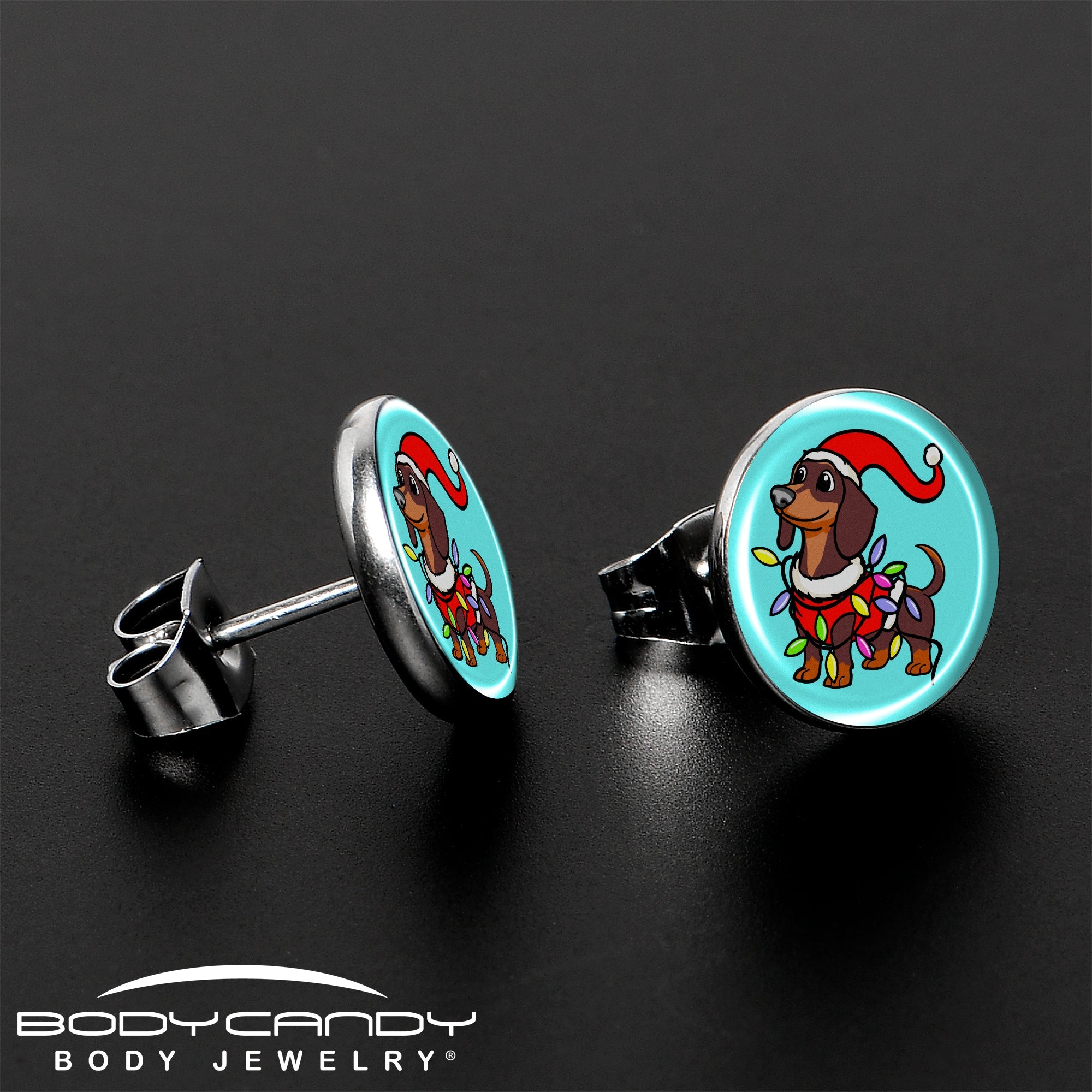 Christmas Holiday Weiner Dog Stud Earrings by Onyx O