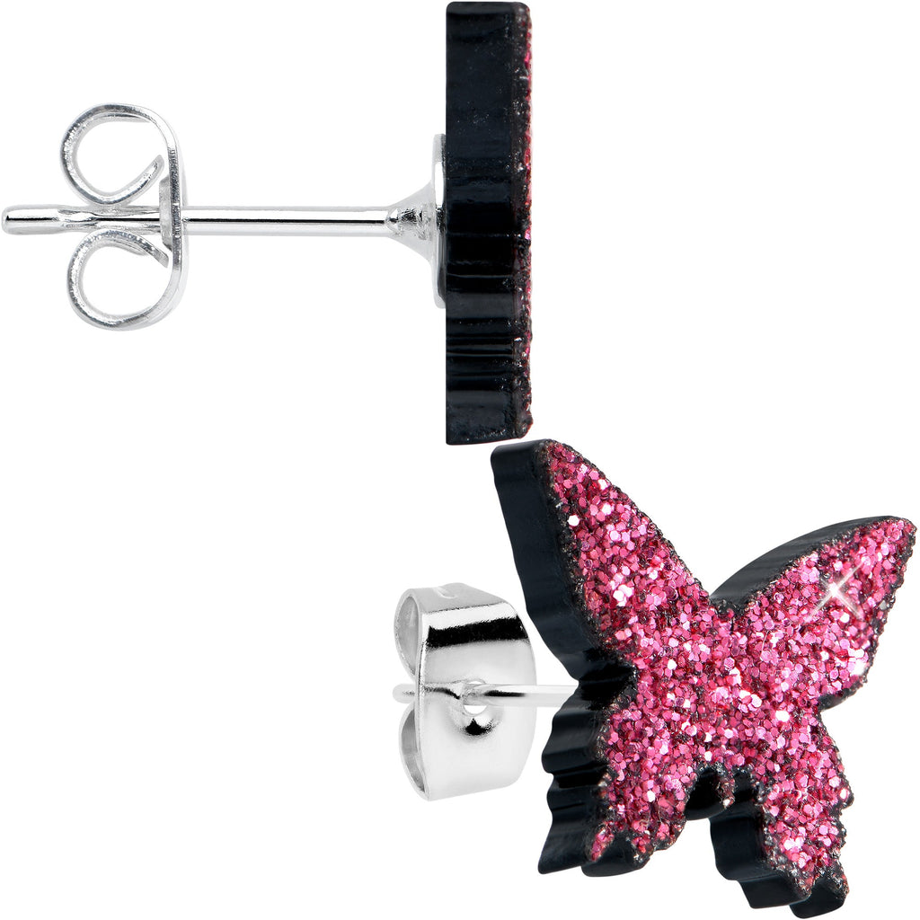 Pink Glitter Butterfly Stud Earring Set