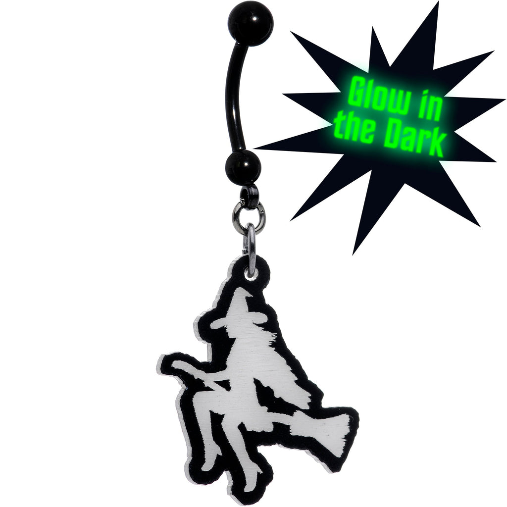 Glow in the Dark Halloween Flying Witch on Broom Dangle Belly Ring