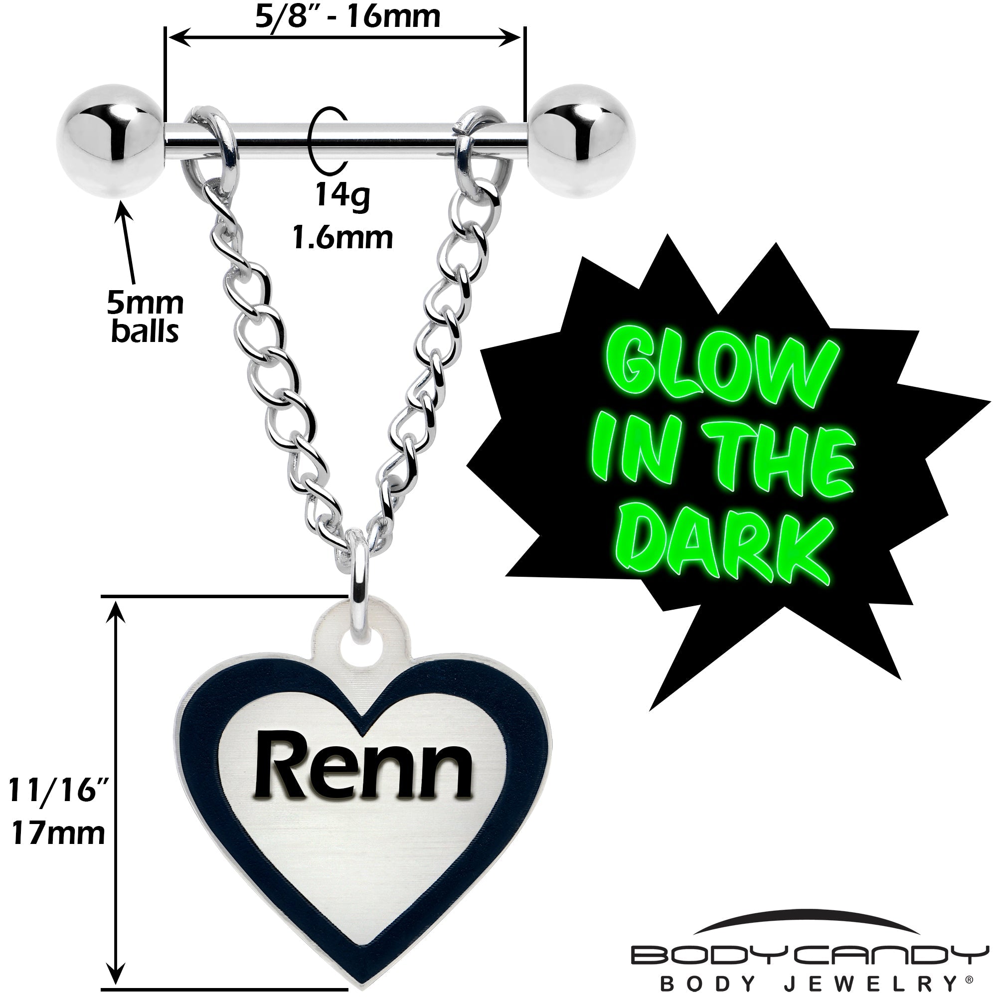 Custom Heart Glow in the Dark Chain Personalized Name Dangle Nipple Ring Set