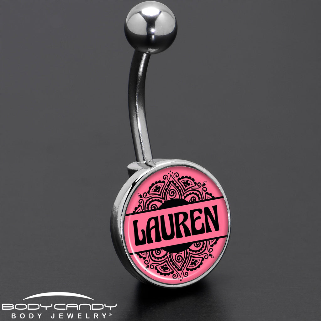 Custom Pink Mandala Personalized Name Belly Ring