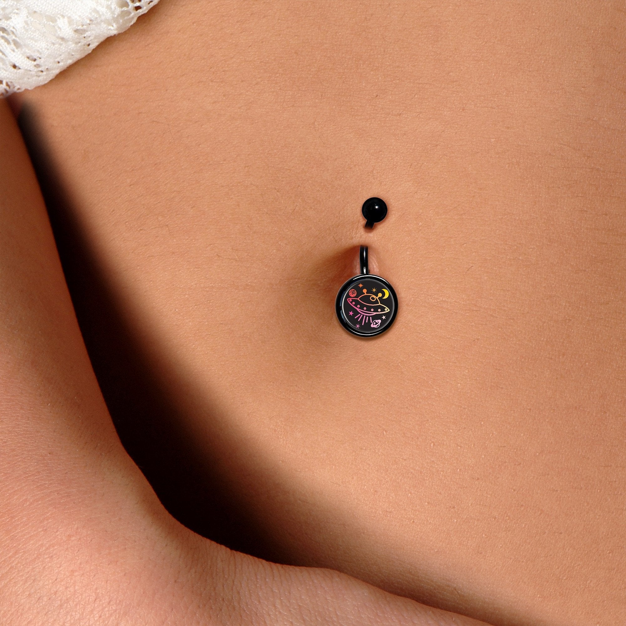 Pretty Pink UFO in Space Black Belly Ring