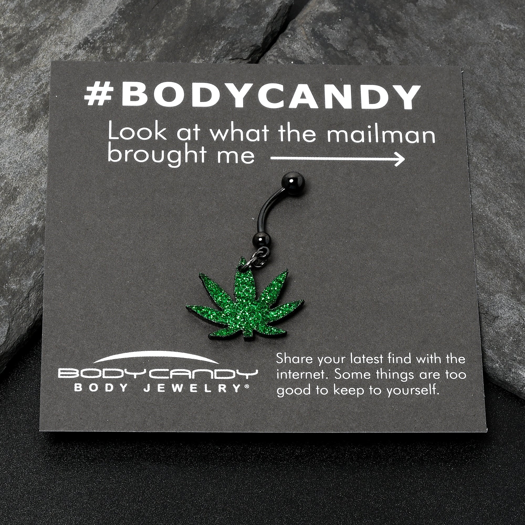 Green Glitter Marijuana Pot Leaf Black Dangle Belly Ring