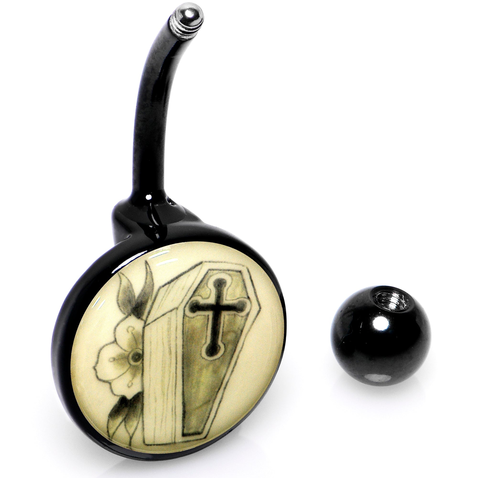 Black Titanium Coffin and Flower Glow in the Dark Belly Ring