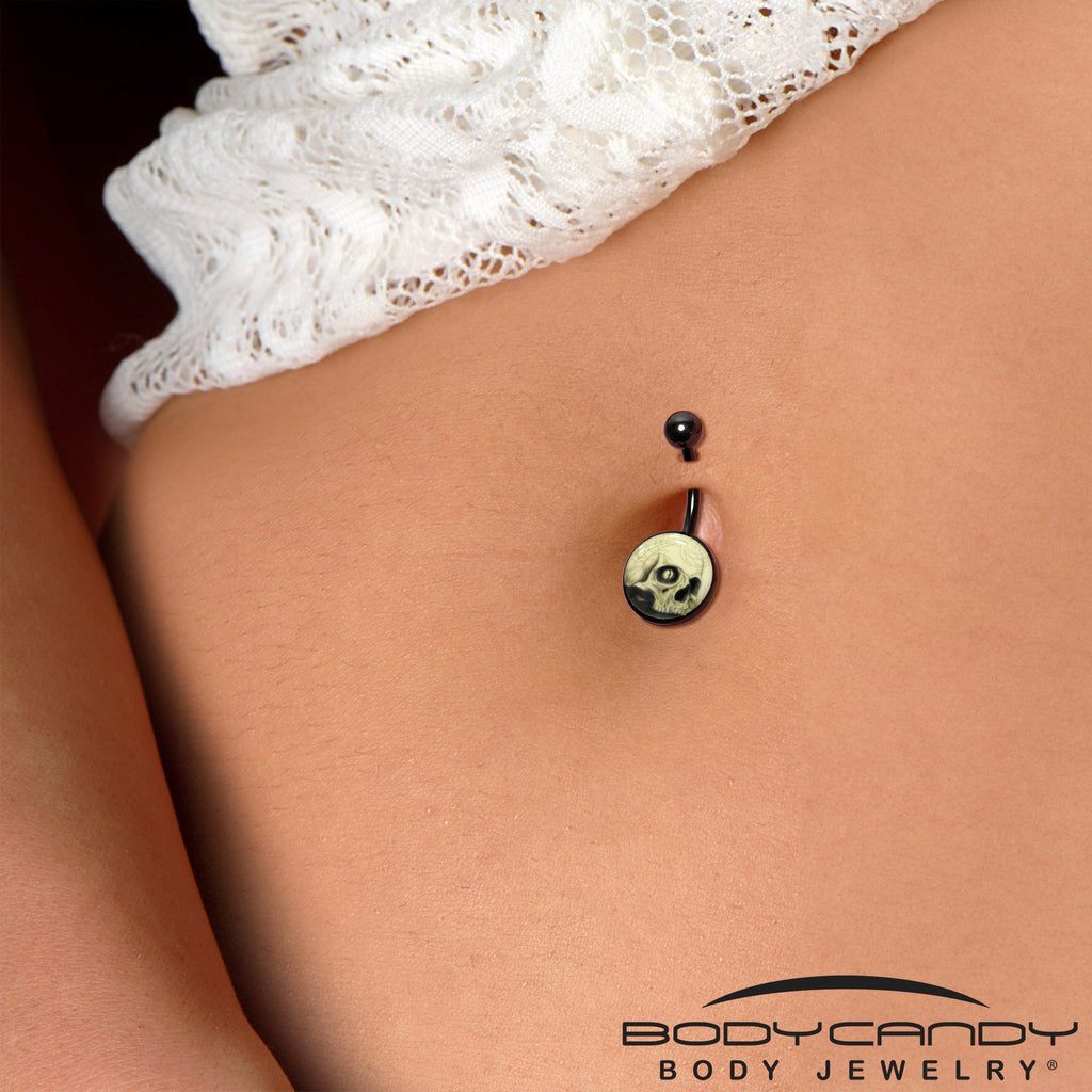 Black Titanium Webbed Skull Glow in the Dark Belly Ring