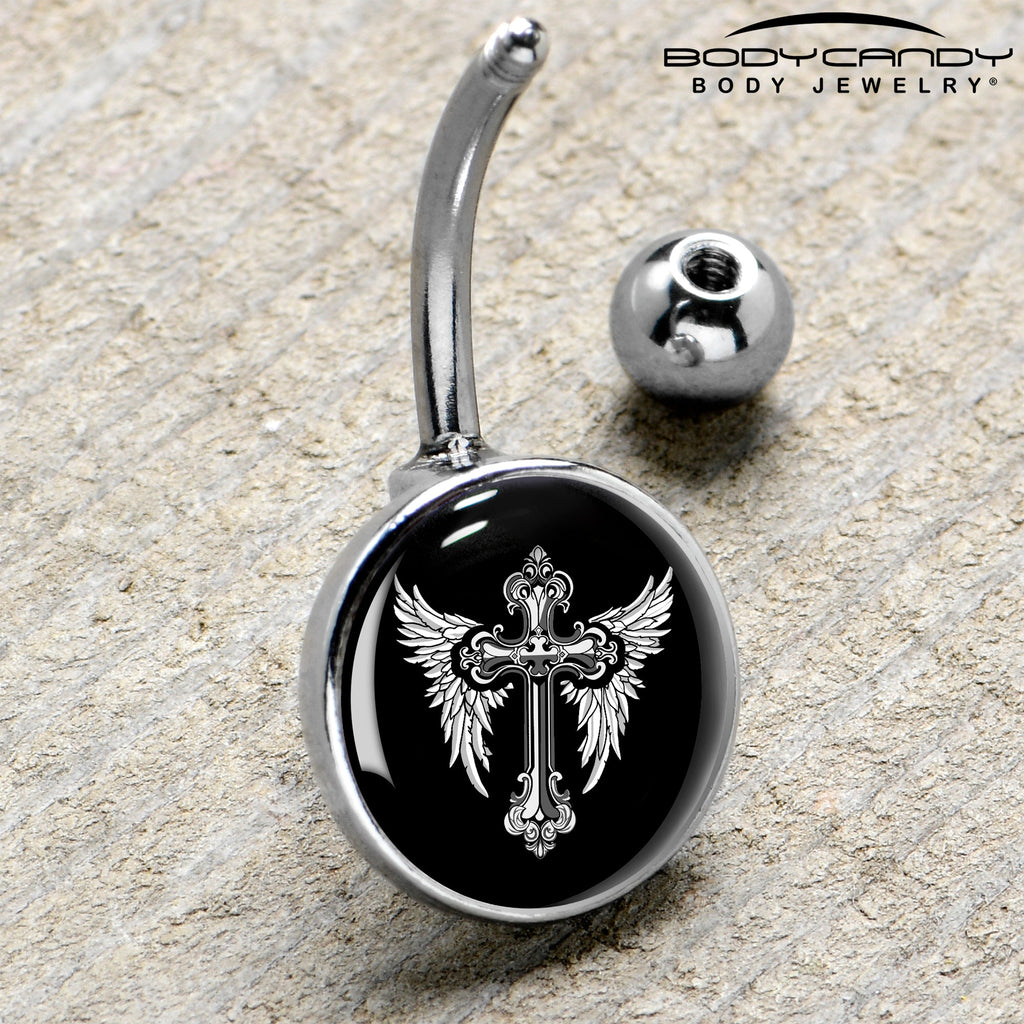 Black White Winged Cross Belly Ring by Onyx O