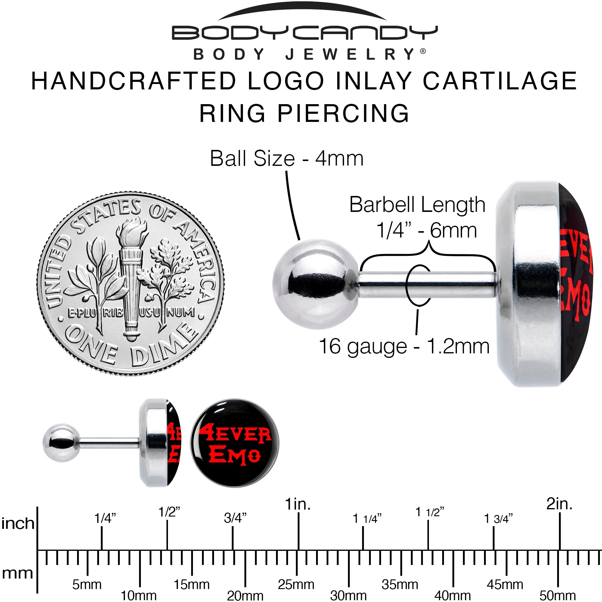 16G 1/4 Black Red 4 Ever Emo Tragus Cartilage Earring by Onyx O