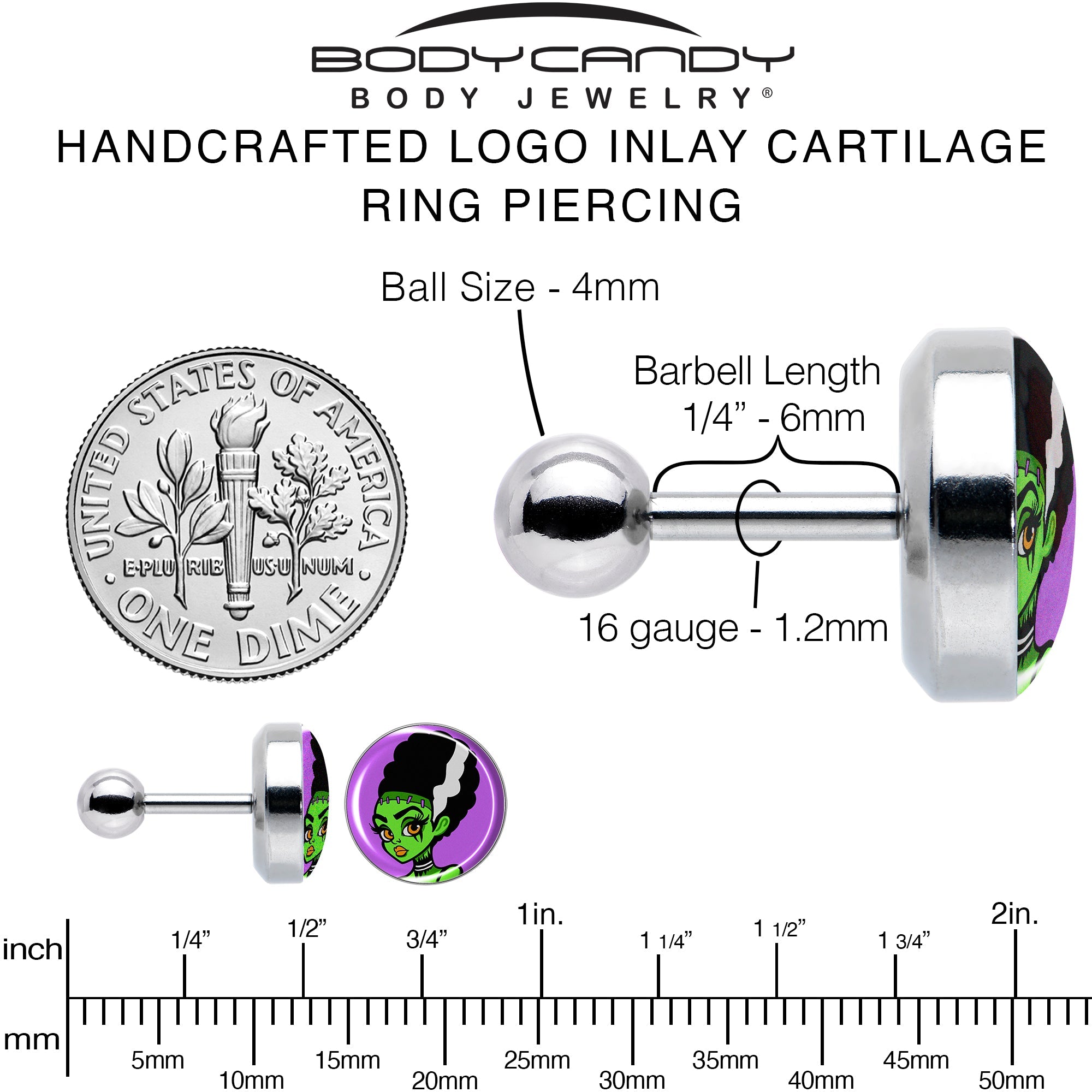 16G 1/4 Bride of Frankenstein Tragus Cartilage Earring by Onyx O