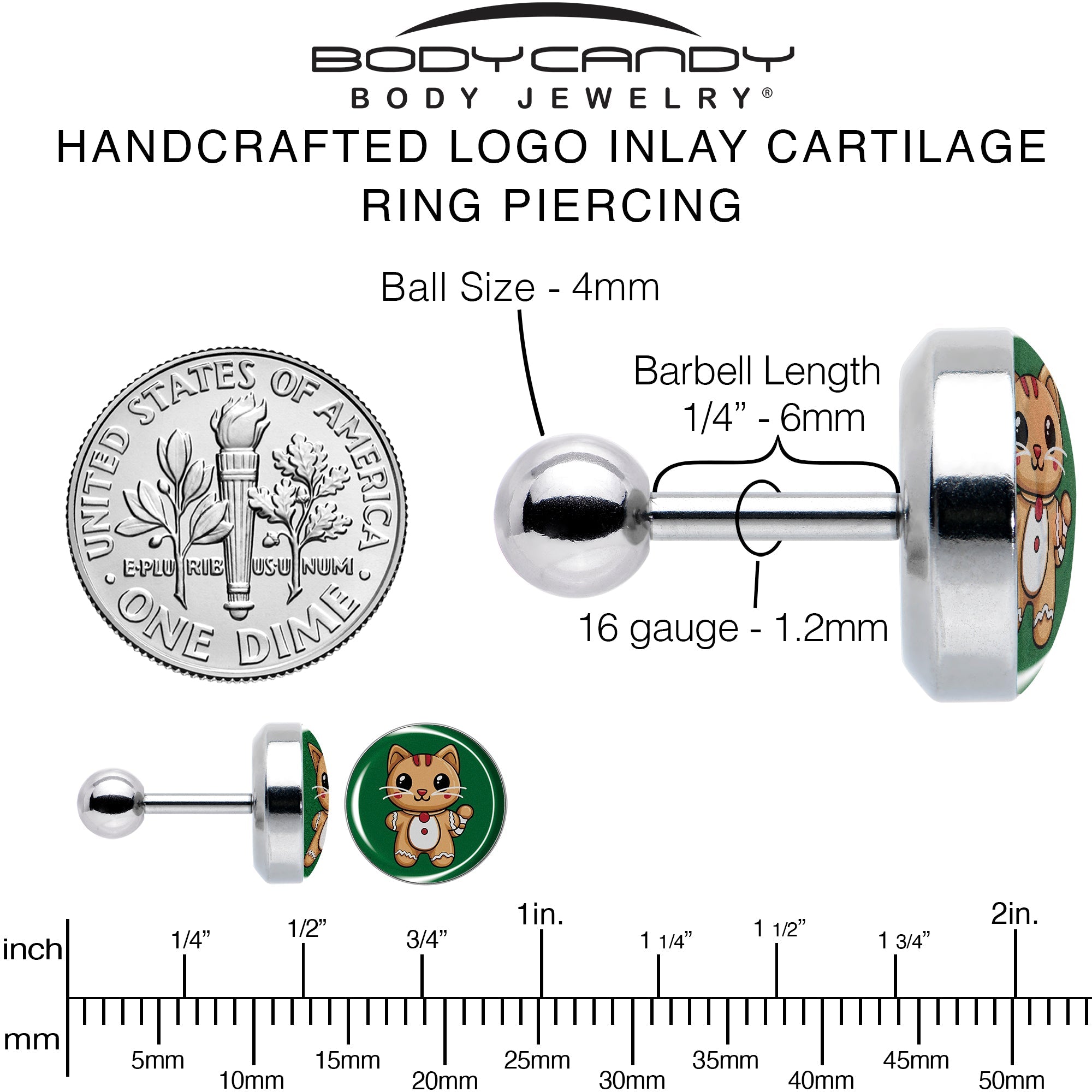Christmas Holiday Gingerbrread Kitty Cat Tragus Cartilage Earring by Onyx O