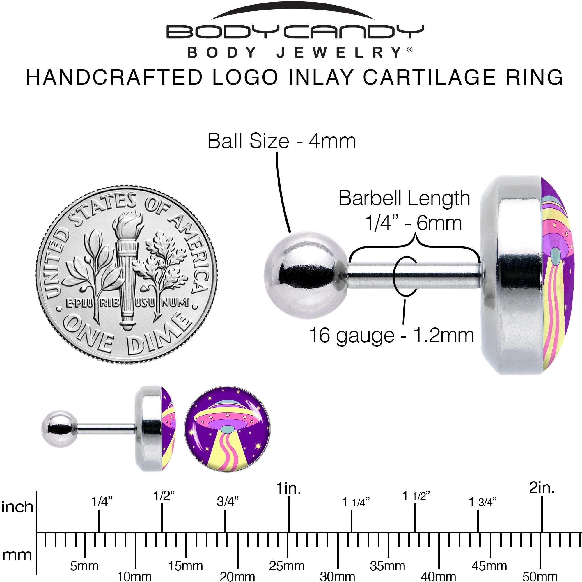 16G 1/4 Style Space Invasion Tragus Cartilage Earring by Onyx O