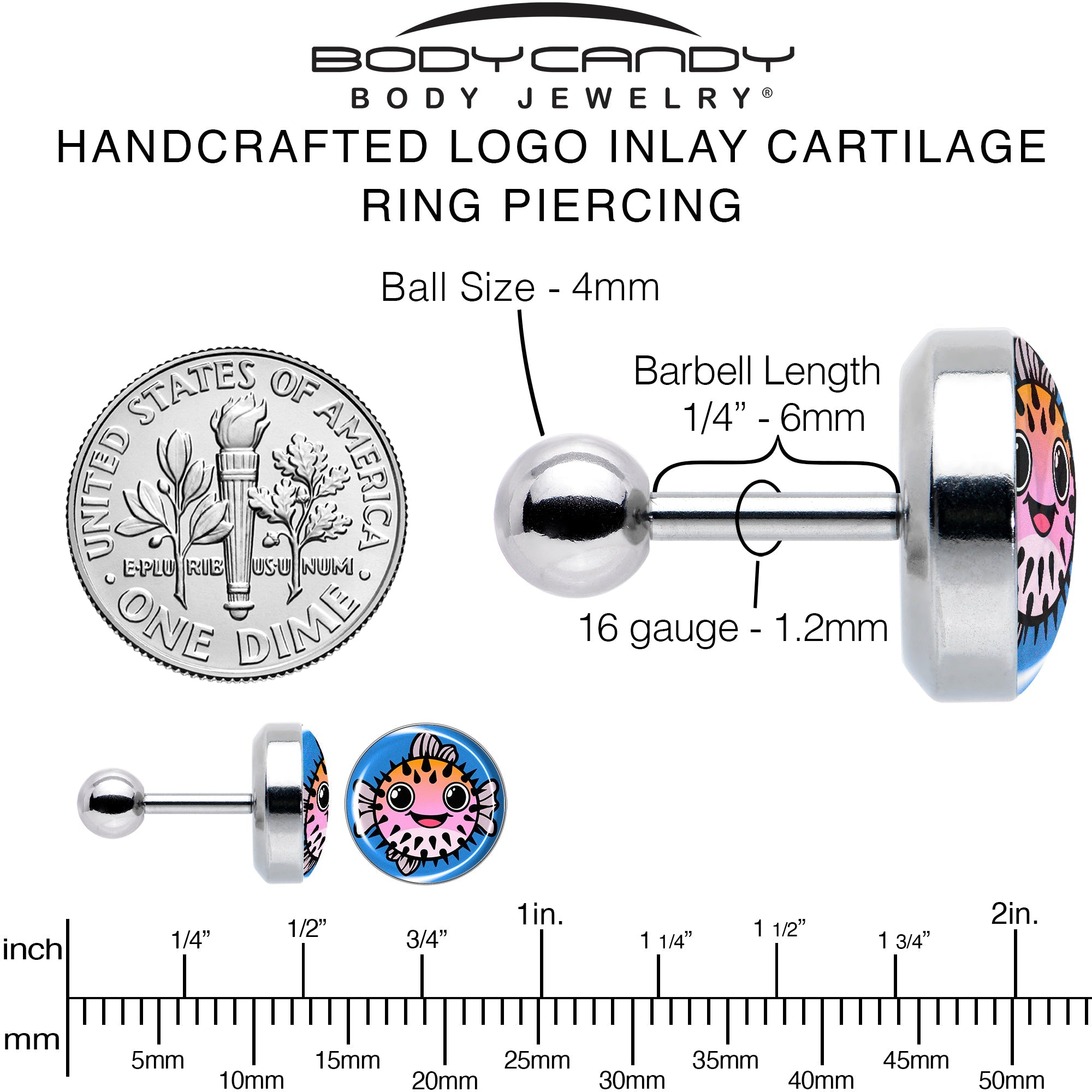 16G 1/4 Swimming Pufferfish Tragus Cartilage Earring by Onyx O