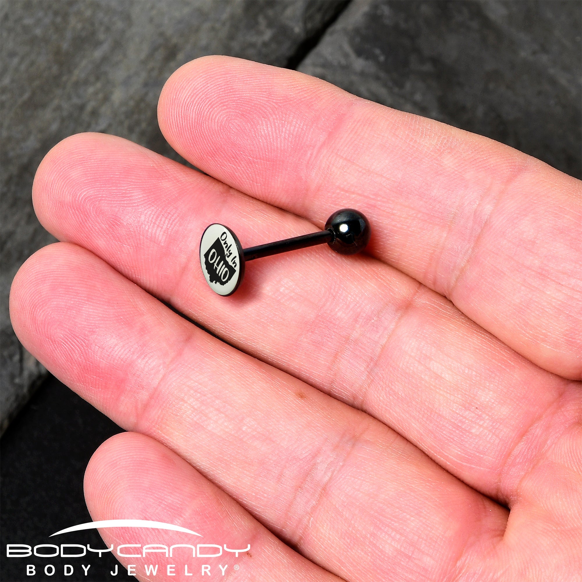 Glow in the Dark Black Anodized Only in Ohio Barbell Tongue Ring by Onyx O