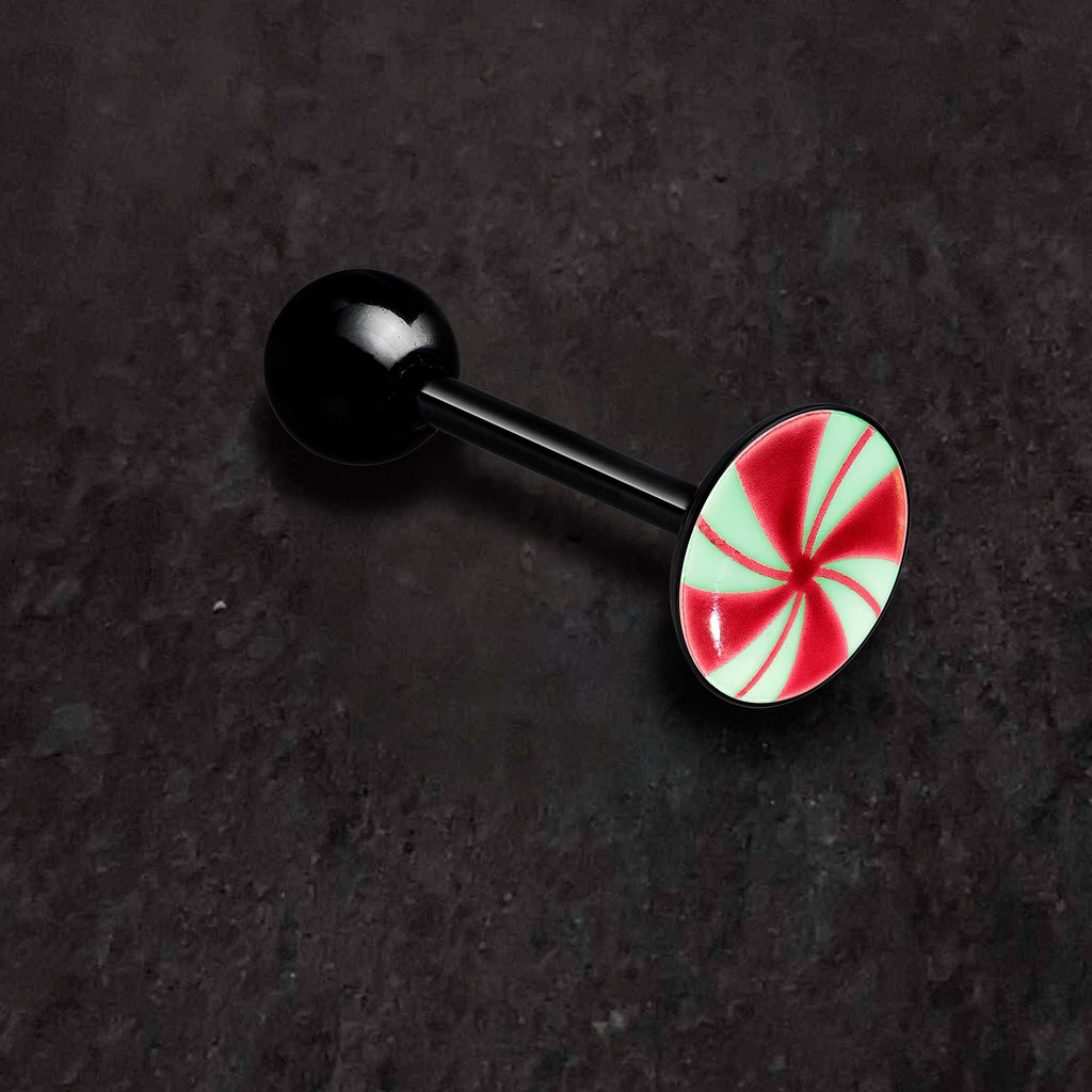Glow in the Dark Black Anodized Holiday Peppermint Candy Barbell Tongue Ring by Onyx O