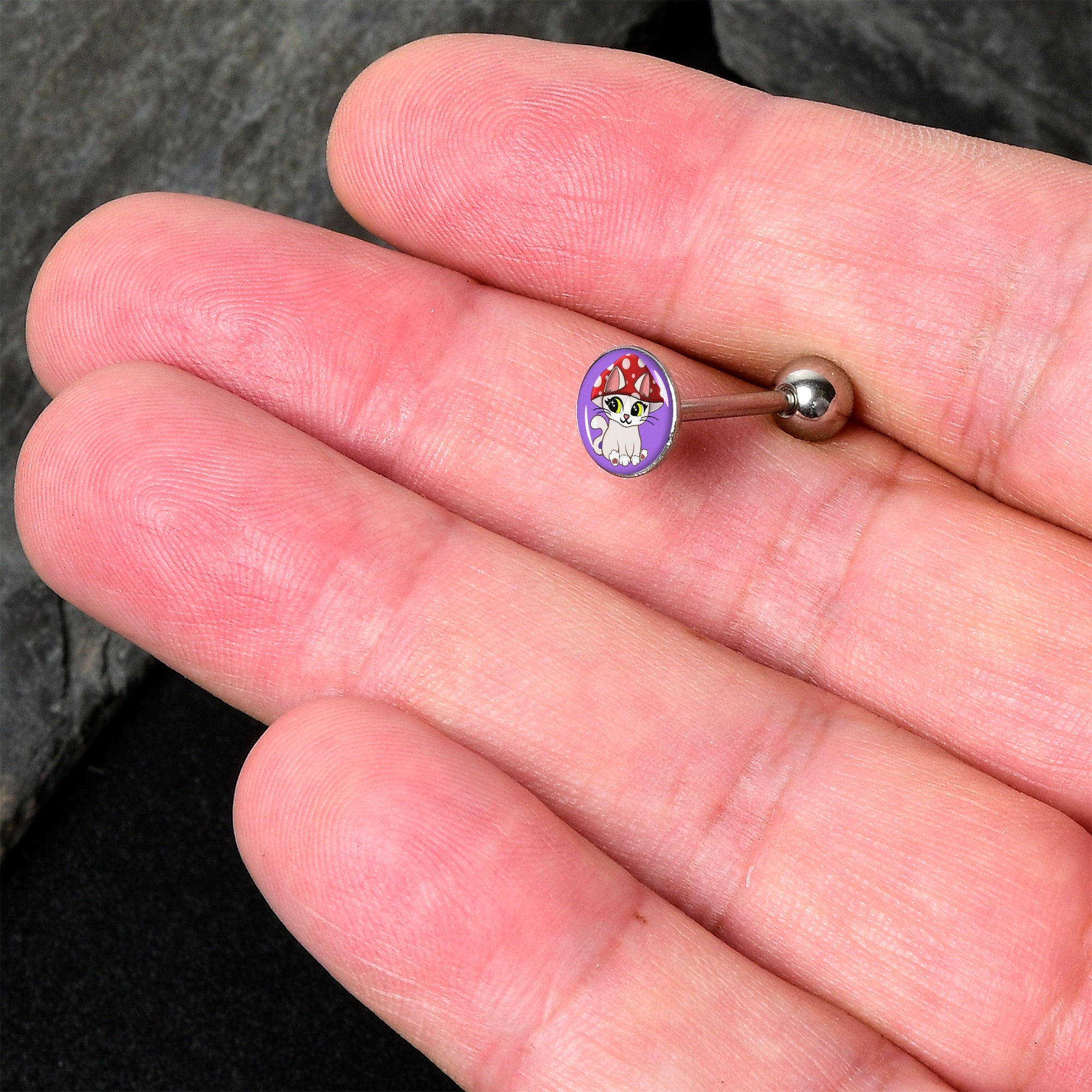 Polka Dot Mushroom Hat Cat Barbell Tongue Ring by Onyx O
