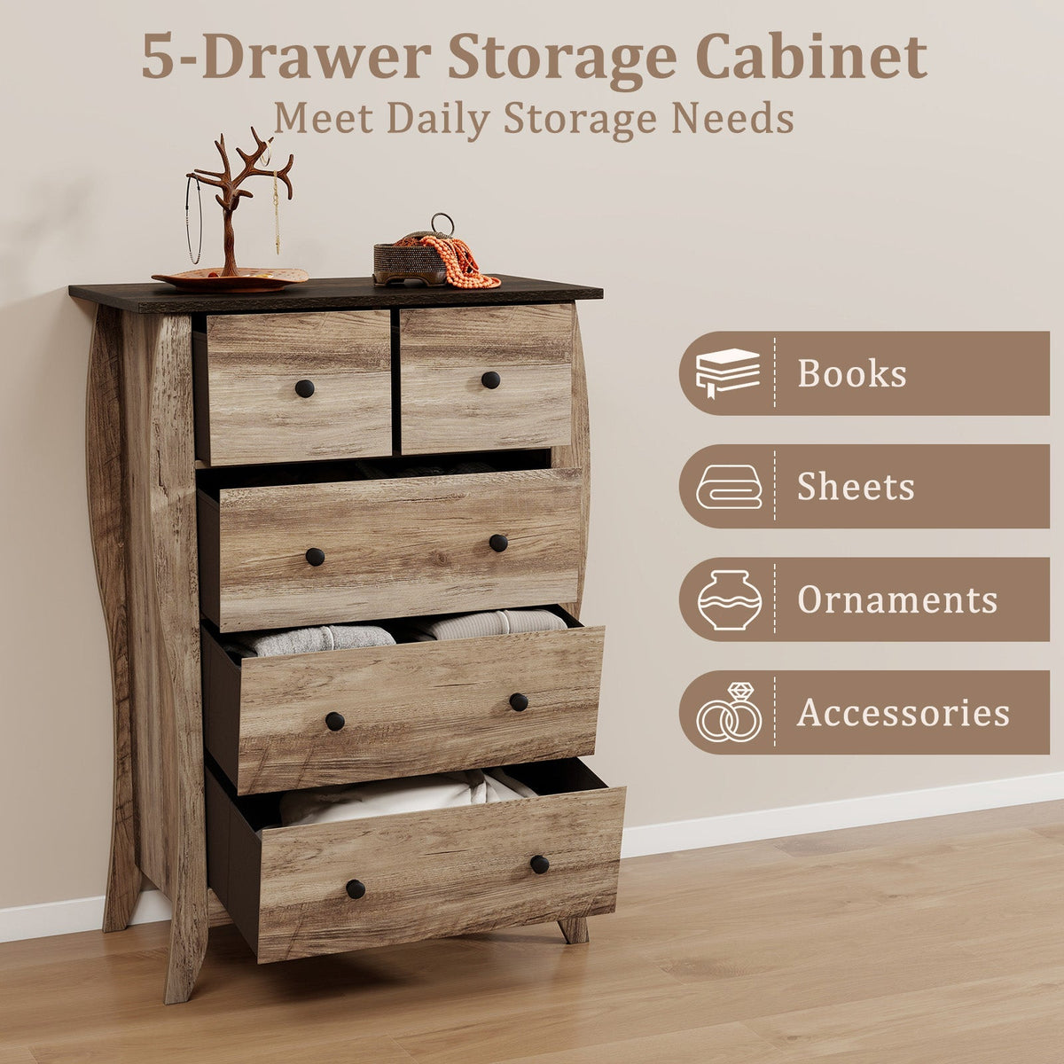 Closet Storage Organizer with 5 Folding Fabric Drawers and Anti-tipping Kit