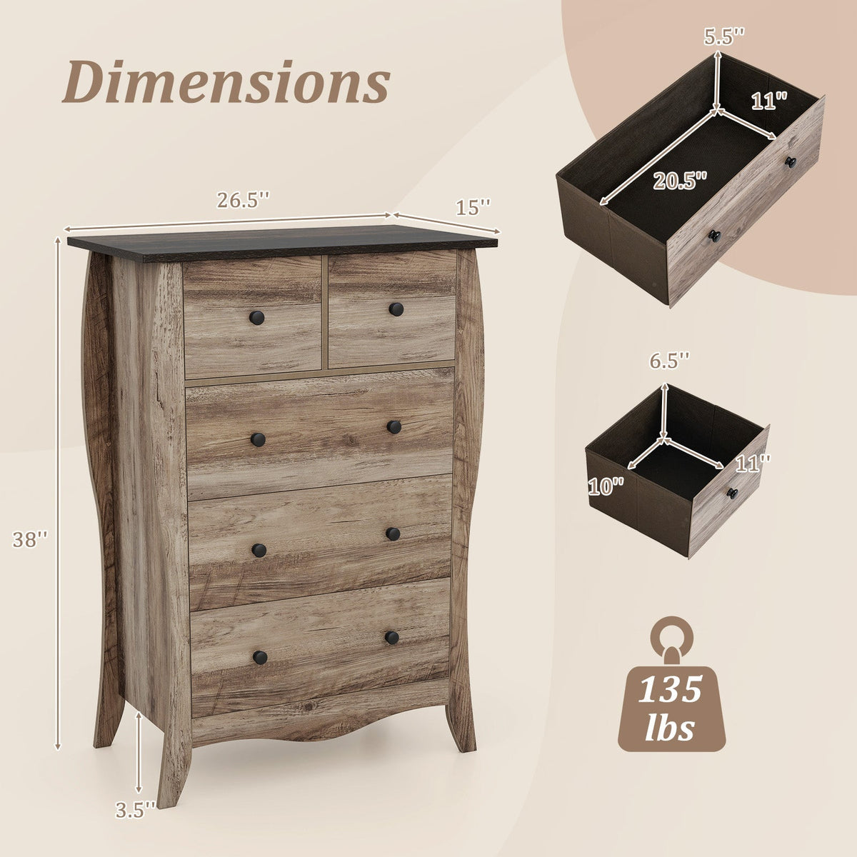 Closet Storage Organizer with 5 Folding Fabric Drawers and Anti-tipping Kit