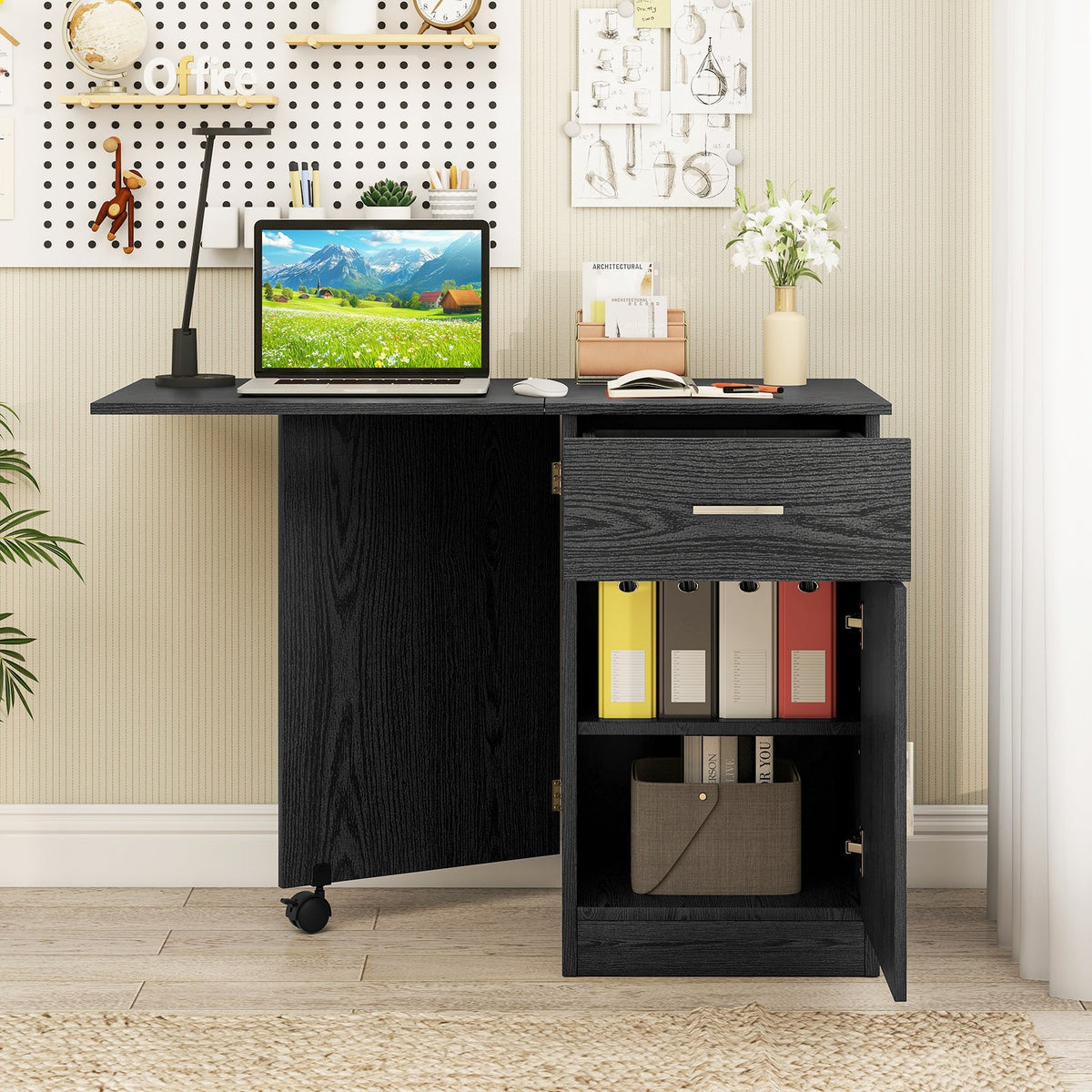 Folding Computer Desk with Drawer Mobile Home Office Desk with Cabinet