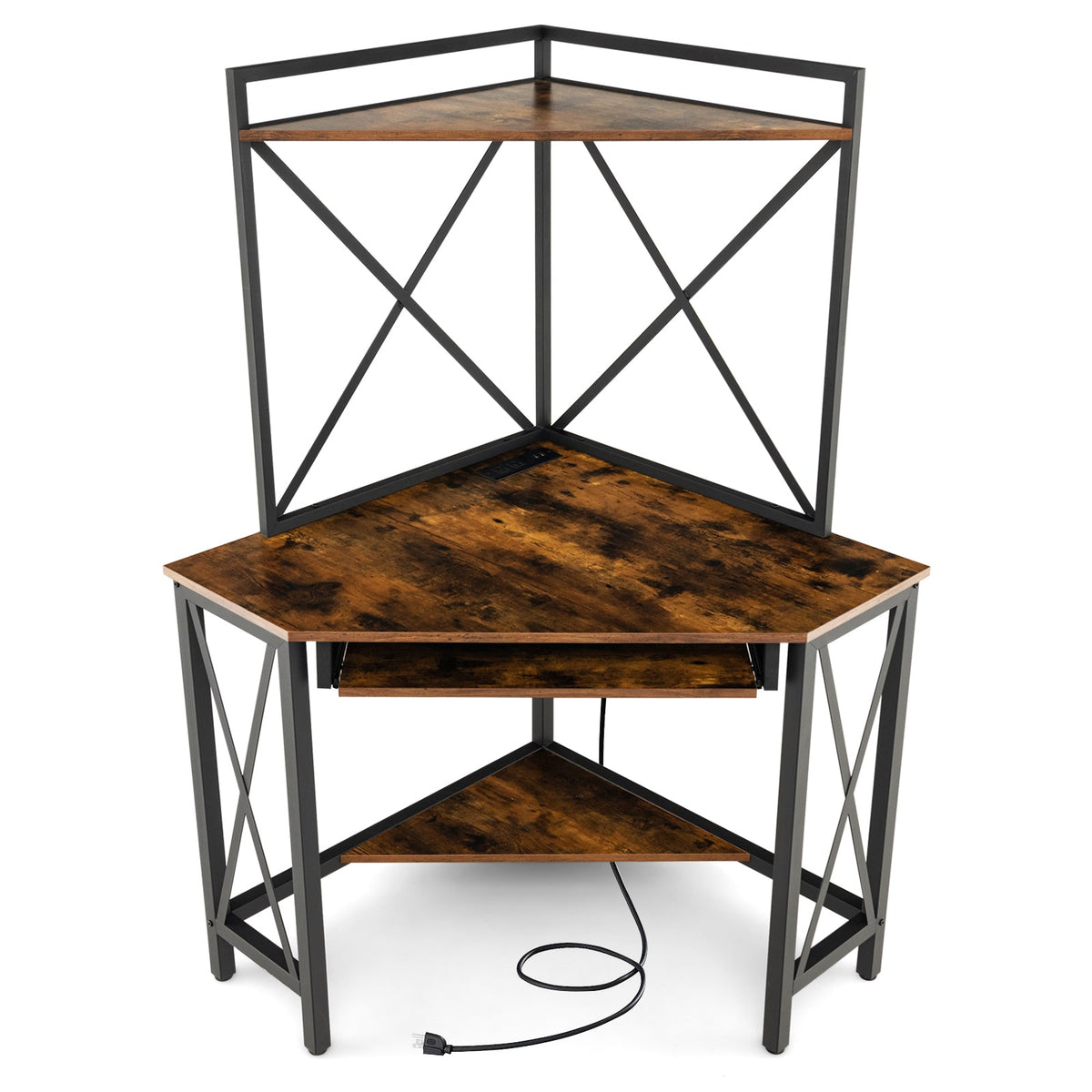 Space-Saving Corner Computer Desk with with Hutch and Keyboard Tray