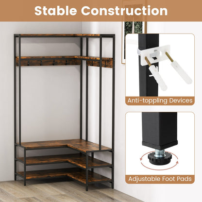 Corner Garment Rack with Open Shelves and 7 Hooks Shoe Bench