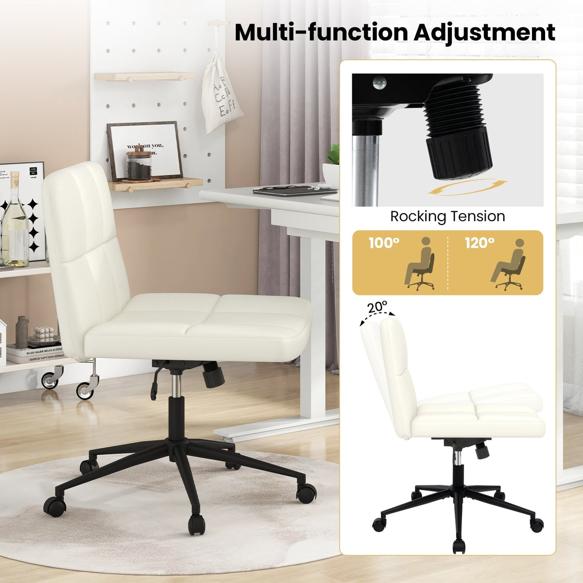 Height-adjustable Armless Desk Chair with Wheels for Home Office Make Up