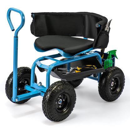 Cushioned Rolling Garden Cart Scooter with Storage Basket and Tool Pouch