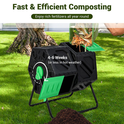 Dual Chamber Garden Compost Tumbler with Sliding Doors-Black & Green