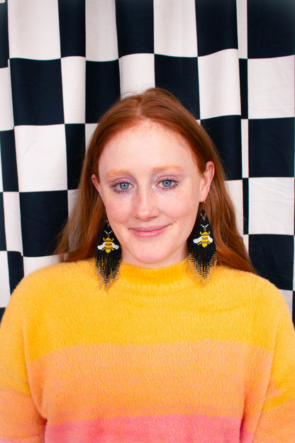 Beaded Bee Fringe Statement Earrings