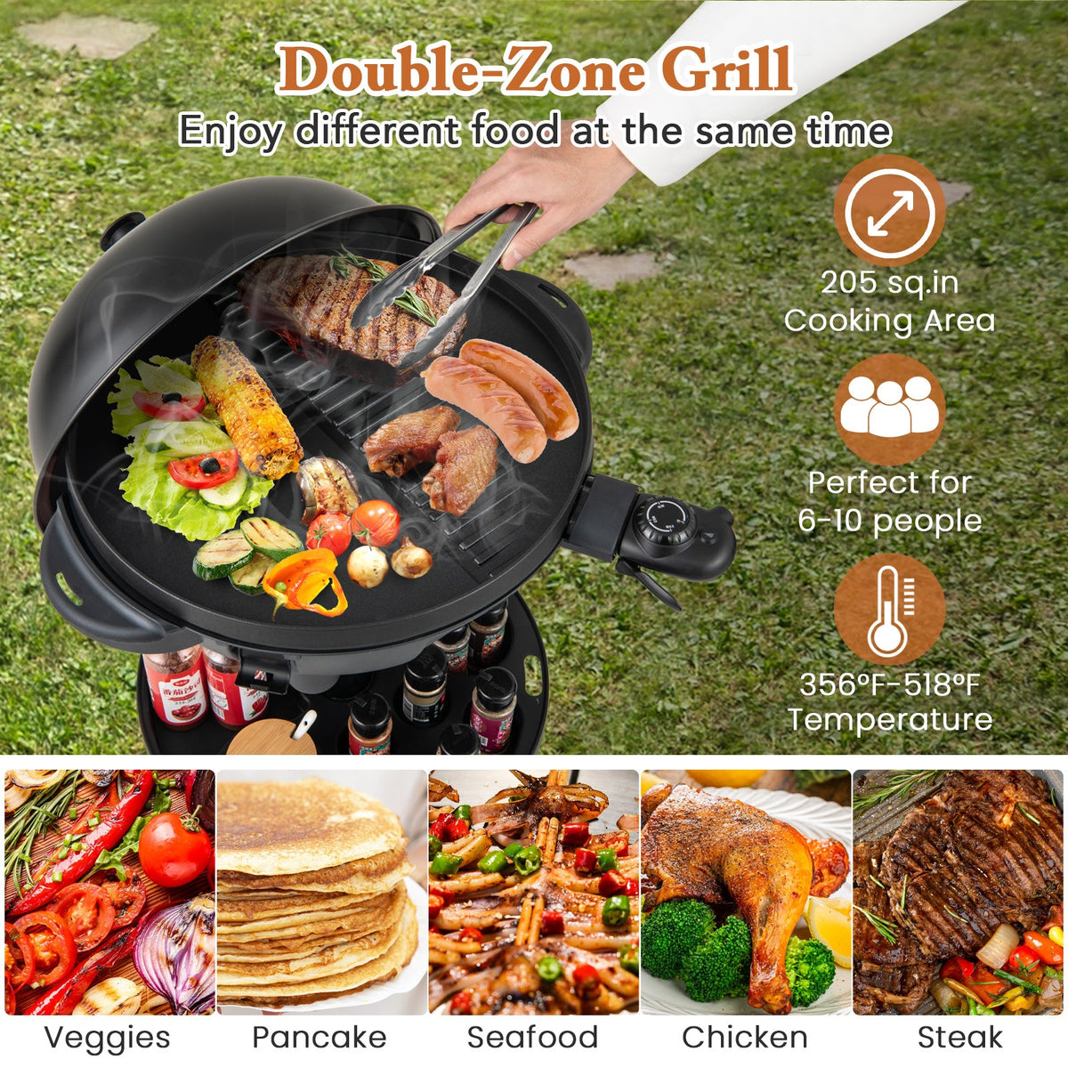 Electric BBQ Grill 1200W Indoor Outdoor Grill with 2-Zone Non-Stick Grilling Plate
