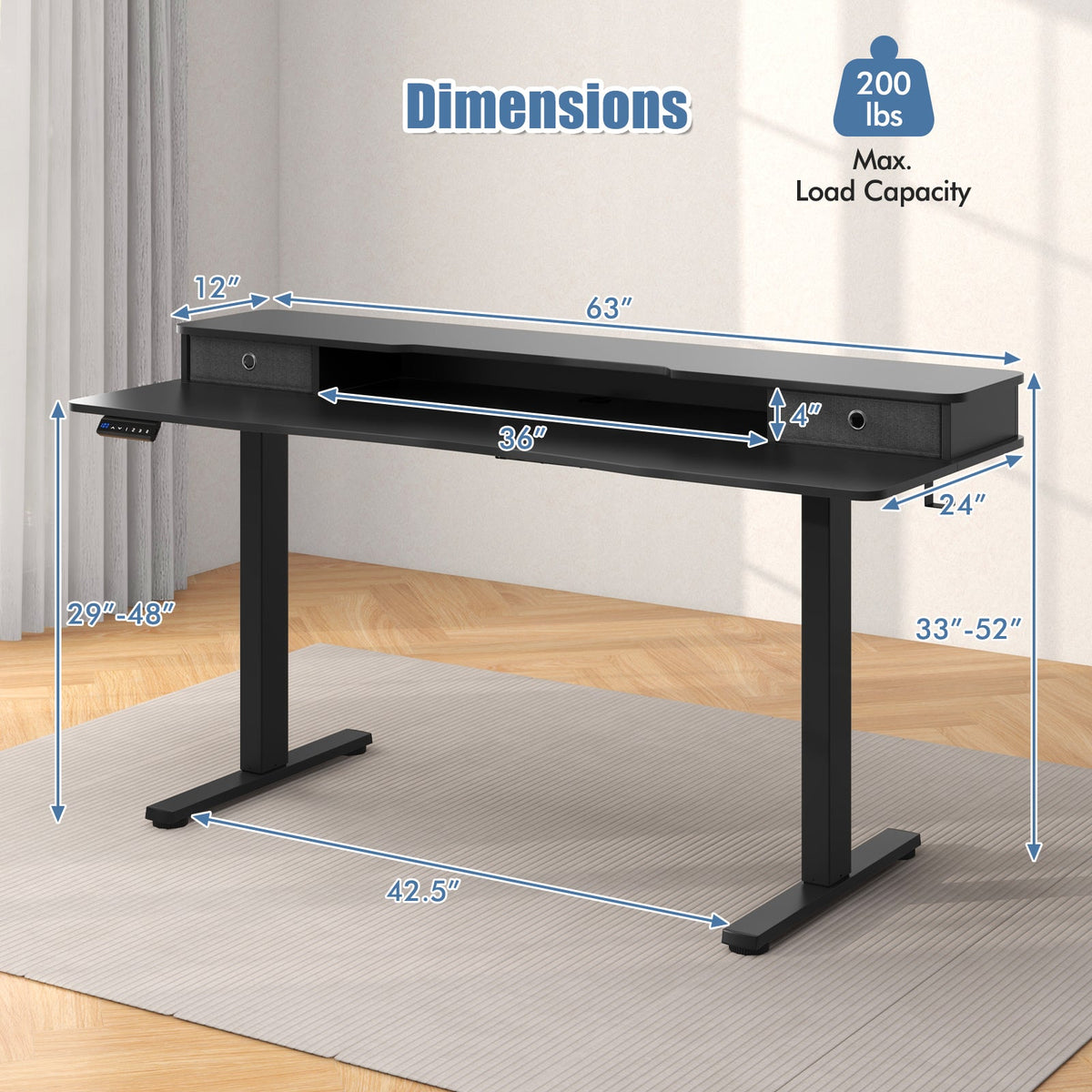 63 Inch x 24 Inch Electric Standing Desk with 2 Drawers