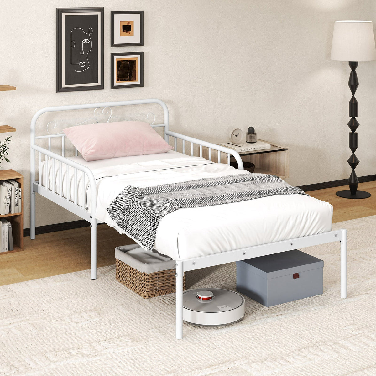Extendable Metal Daybed to Twin Size Bed with Guardrails and Armrests