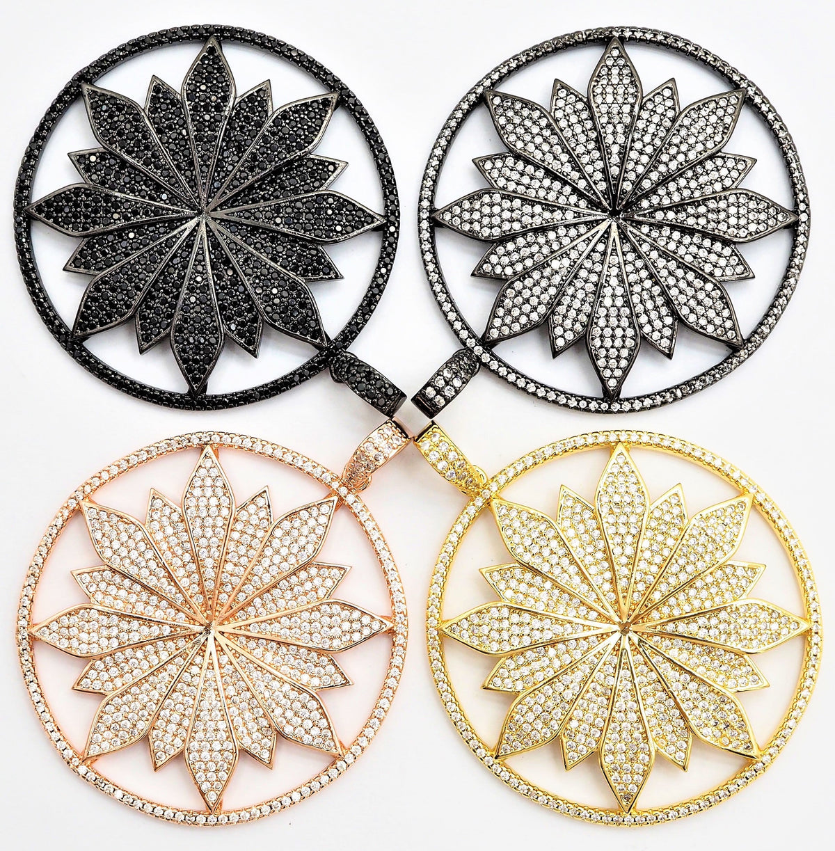 40mm Large CZ Micro Pave Hollow out Flower Round Disc Pendant, Cubic Zirconia Rose Gold/Gold/Silver/Black Focal Pendant, 46x43mm, F546C
