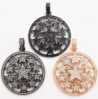 30mm Large CZ Micro Pave Hollow out Star Disc Pendant, Cubic Zirconia Filigree Rose Gold/Gold/Silver/Black Focal Pendant, 33x37mm, F547