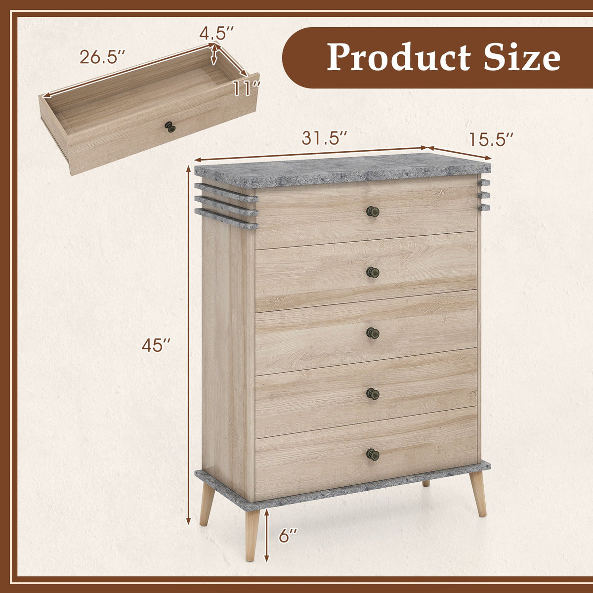 Farmhouse Chest Dresser of Drawers Tall Storage Organizer-Grey