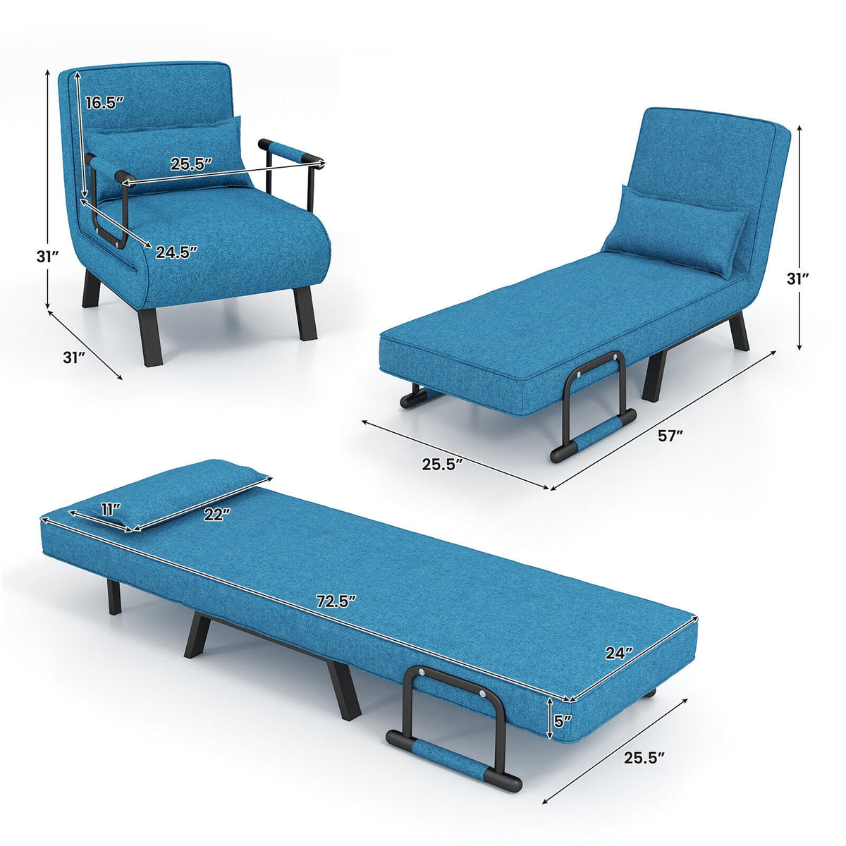 Folding 6 Position Convertible Sleeper Bed Armchair Lounge Couch with Pillow