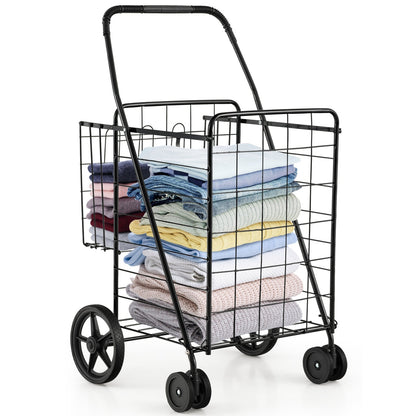 Folding Shopping Cart for Laundry with Swiveling Wheels and Dual Storage Baskets