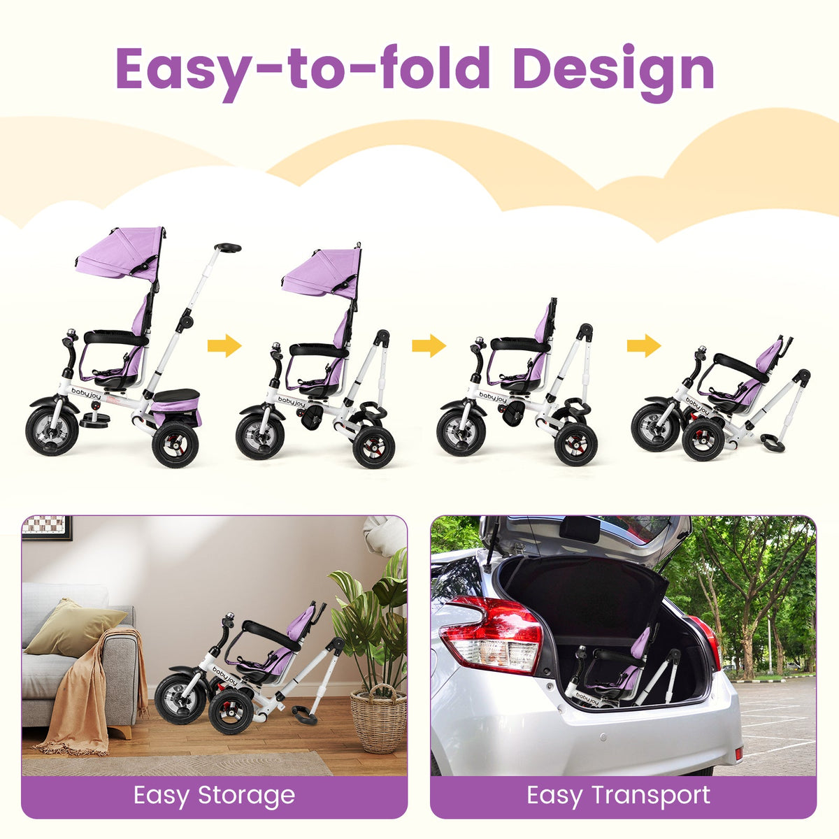 Folding Tricycle Baby Stroller with Reversible Seat and Adjustable Canopy-Pink