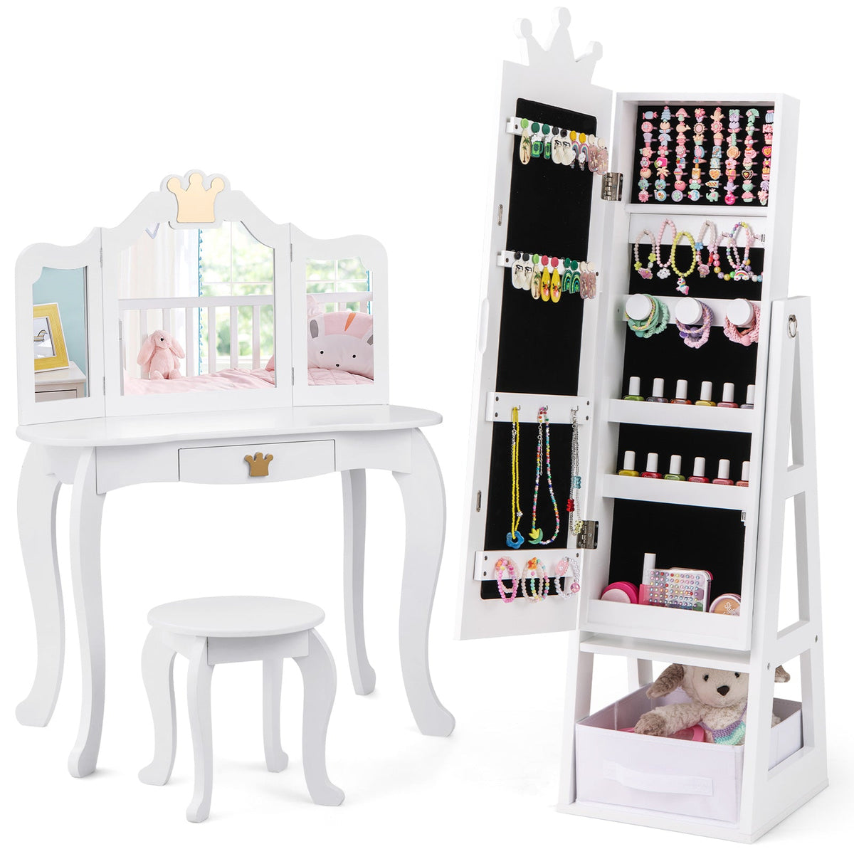 Free-Standing Full Length Kids Jewelry Armoire Cabinet with Storage Capacity-White