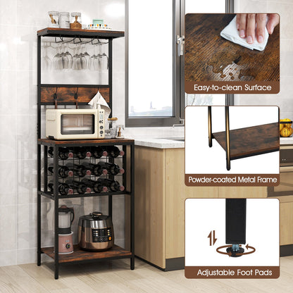 Freestanding Wine Rack Floor Wine Bar Cabinet with Glass Racks-Rustic Brown