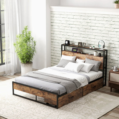 Full/Queen Bed Frame with 2-Tier Storage Headboard and Charging Station