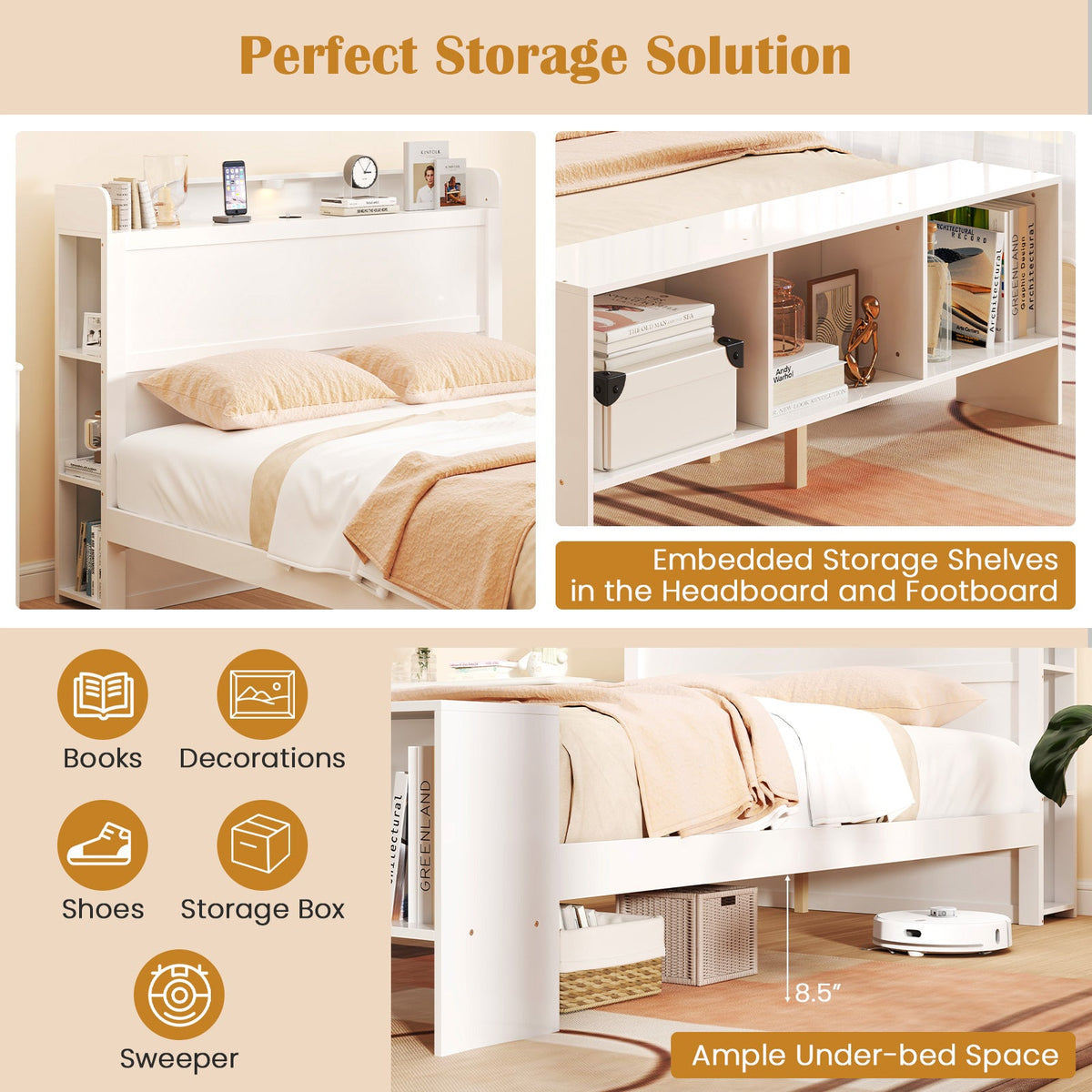 Full Size Bed Frame with 2 USB Ports with Storage Headboard and Lights