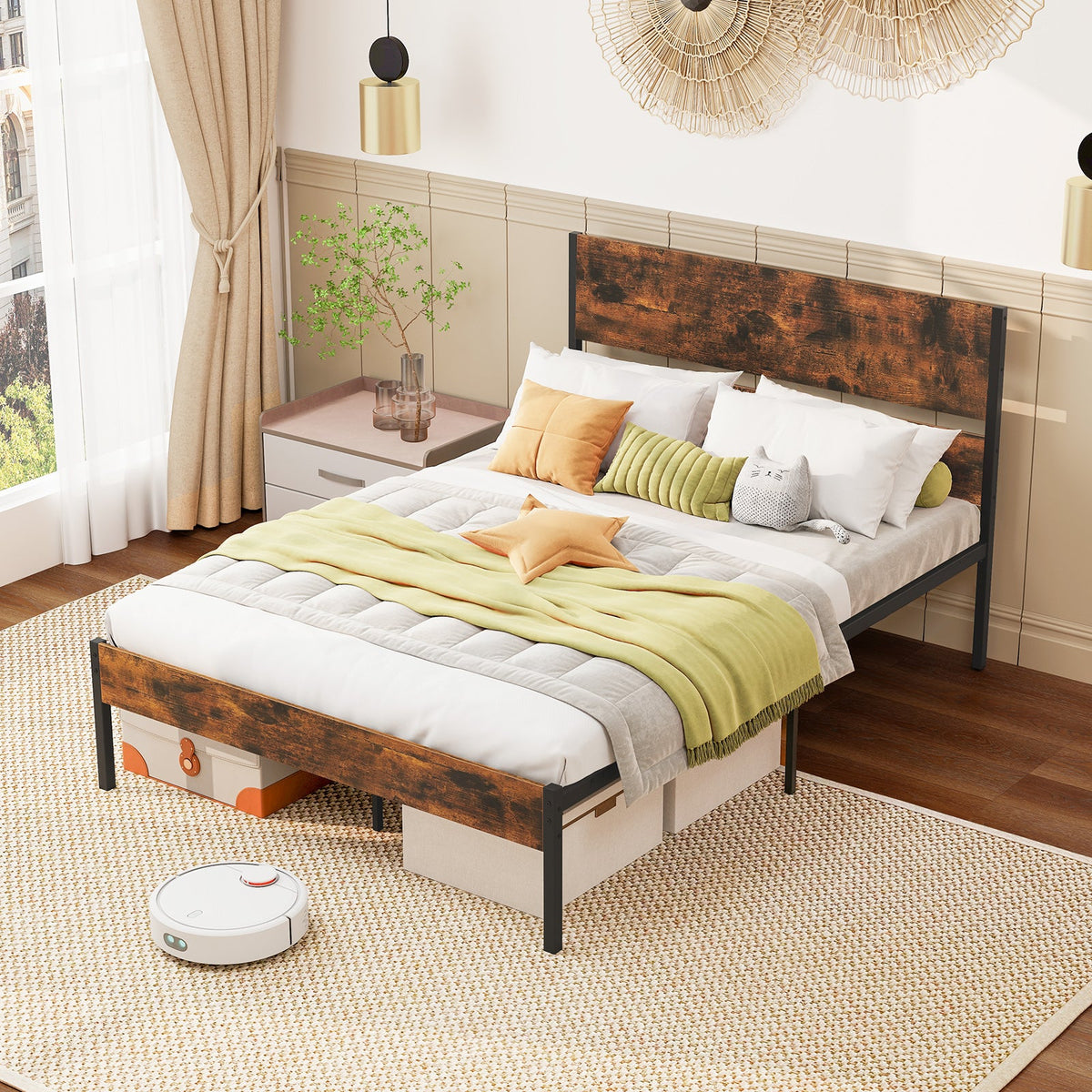 Twin/Full/Queen/King Metal Bed Frame with Wooden Headboard and Footboard-Full Size